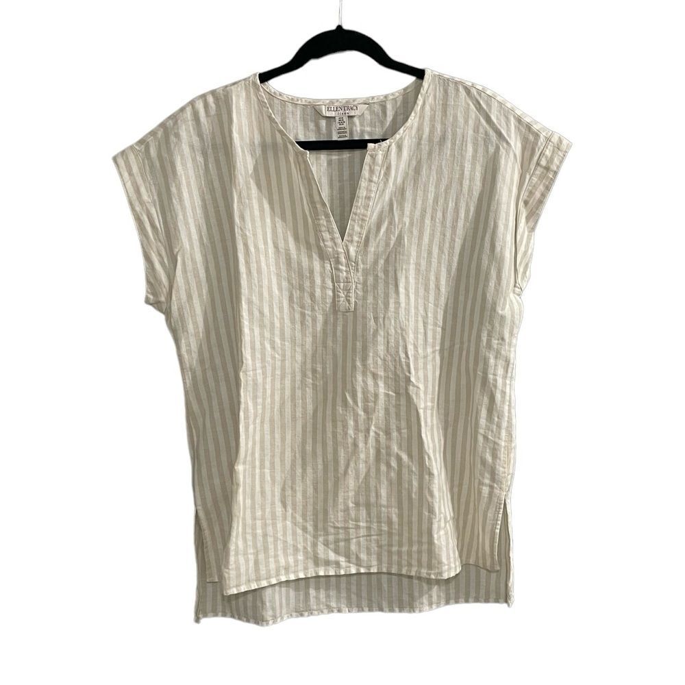 ELLEN TRACY Linen Cotton Striped Oversized Popover Blouse White Tan M